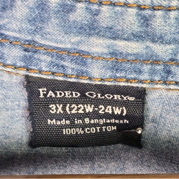 VTG Faded Glory Denim Shirt 3X Pearl Snap Roll Tab Western Y2K Cotton Side Slits - Picture 4 of 16